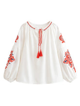 Load image into Gallery viewer, Vintage Floral Embroidered Cotton Linen Blouse - Boho Tassel Tie Neck Puff Sleeve Top
