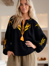 Load image into Gallery viewer, Wheat Embroidered, Linen Cotton Blouse,Lace-up Tassel Loose Boho Shirt
