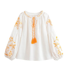 Load image into Gallery viewer, Bird Floral Embroidered ,Linen Cotton Blouse ,Lace-up Tassel Boho Shirt

