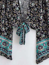 Load image into Gallery viewer, Boho Floral Print Rayon Kimono Top - Ruffle Flare Sleeve Tie Front Beach Cover-up
