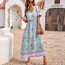 Load image into Gallery viewer, Wild Floral Print ,Short Sleeve Maxi Dress ,Rayon Boho Dress
