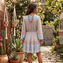 Load image into Gallery viewer, Blue Floral Print Bohemian Mini Dress , Rayon Boho Dress

