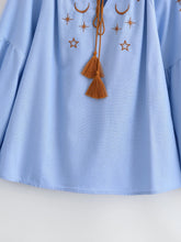 Load image into Gallery viewer, Star Embroidered, Linen Cotton Blouse ,Lace-up Tassel Boho Shirt

