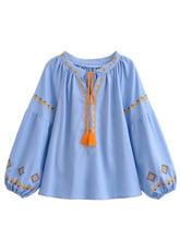 Load image into Gallery viewer, Geometry Embroidered ,Linen Cotton ,Lace-up Tassel Boho Shirt
