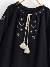 Load image into Gallery viewer, Star Embroidered, Linen Cotton Blouse ,Lace-up Tassel Boho Shirt
