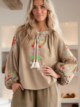 Load image into Gallery viewer, Bohemian Floral Embroidered, Linen Cotton Blouse,Lace-up Tassel Boho Shirt
