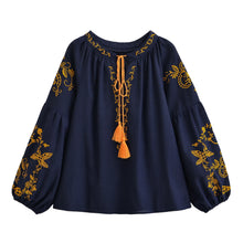 Load image into Gallery viewer, Bird Floral Embroidered ,Linen Cotton Blouse ,Lace-up Tassel Boho Shirt

