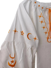 Load image into Gallery viewer, Star Moon Embroidery, Linen Cotton Blouse,Lace-up Tassel Boho Shirts
