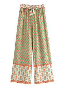 Geometric Floral Print ,Wide Leg Bohemian Pants , Boho Pant Pockets