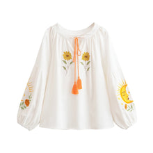 Load image into Gallery viewer, Sun and Floral Embroidery Linen Cotton Shirts  Boho Blusas
