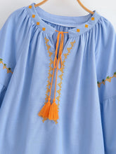 Load image into Gallery viewer, Geometry Embroidered ,Linen Cotton ,Lace-up Tassel Boho Shirt
