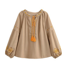 Load image into Gallery viewer, Lantern Sleeve , Floral Embroidered Linen Cotton Blouse,Loose Boho Shirt
