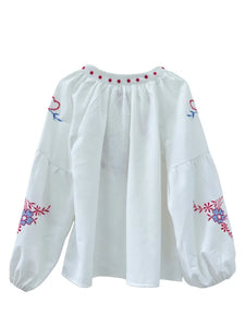 Retro Floral Embroidered ,Linen Cotton Blouse ,Lace-up Tassel Boho Shirts