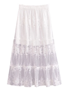 White Mesh Embroidery,Wedding Pleated Skirt, Boho Skirts
