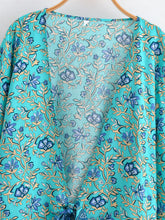 Load image into Gallery viewer, Boho Floral Print Rayon Kimono Top - Ruffle Flare Sleeve Tie Front Beach Cover-up
