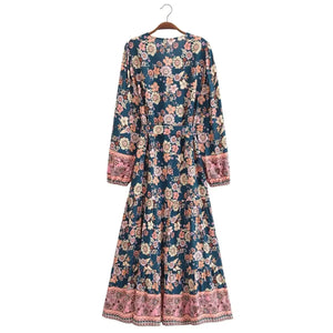 Floral Print ,Breasted Bohemian Maxi Dress, Boho Dress Robe