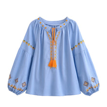 Load image into Gallery viewer, Geometry Embroidered ,Linen Cotton ,Lace-up Tassel Boho Shirt
