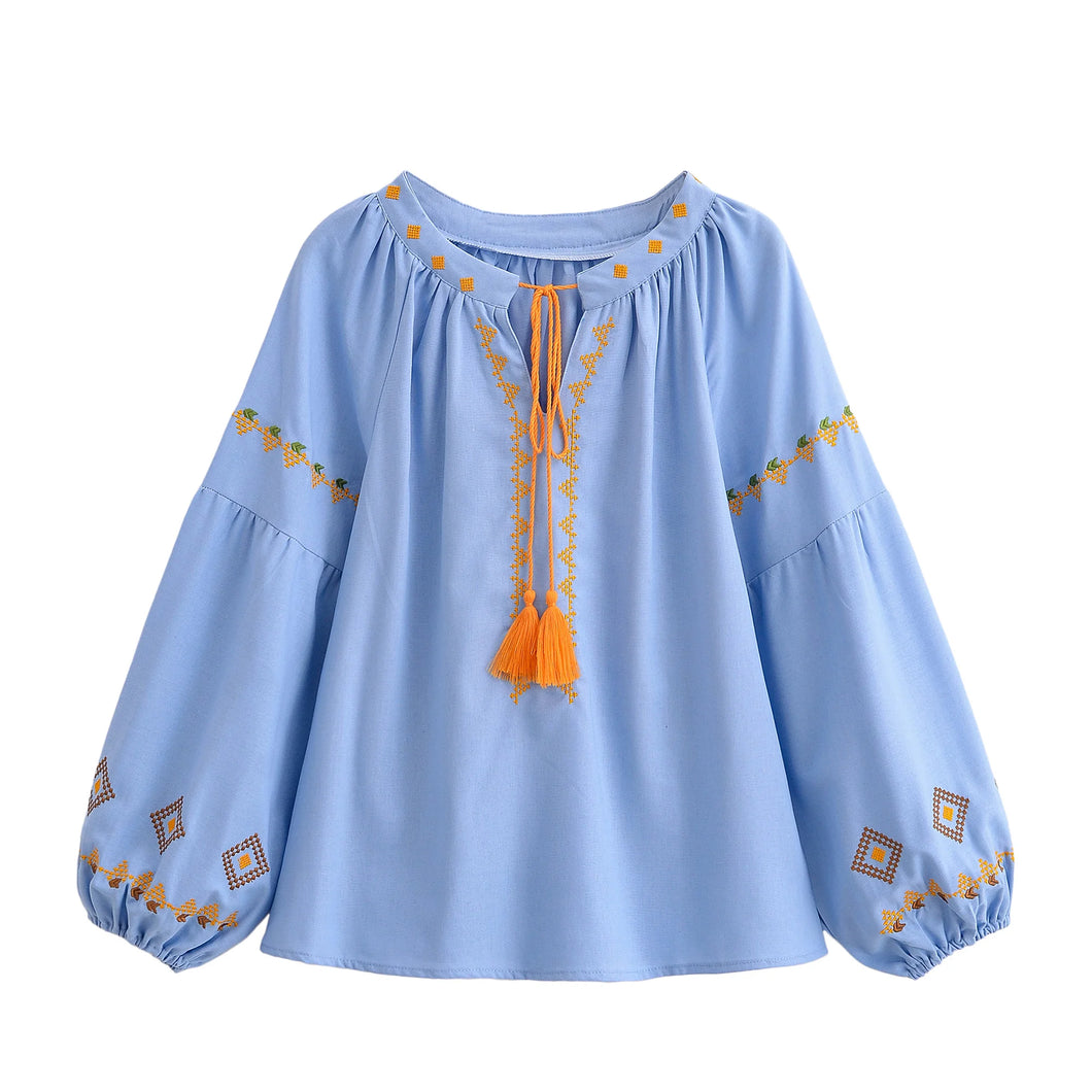 Geometry Embroidered ,Linen Cotton ,Lace-up Tassel Boho Shirt