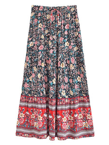 Black Floral Printed,Bohemian Pleated Maxi Skirts