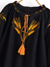 Load image into Gallery viewer, Wheat Embroidered, Linen Cotton Blouse,Lace-up Tassel Loose Boho Shirt
