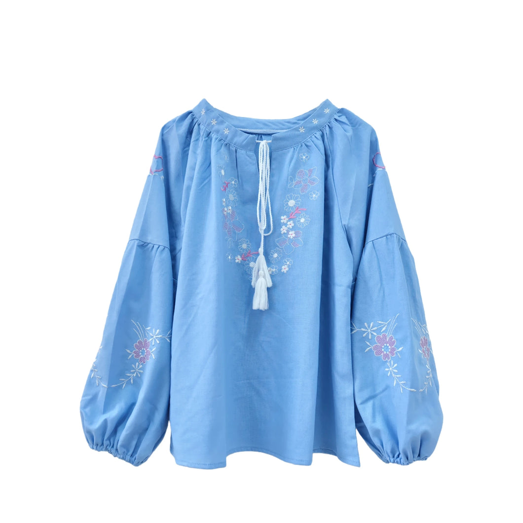 Retro Floral Embroidered ,Linen Cotton Blouse ,Lace-up Tassel Boho Shirts