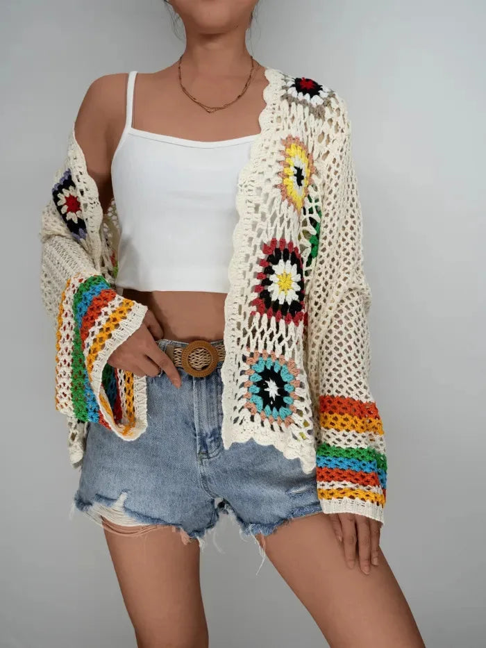Retro Crochet Rainbow ,Long-sleeved Cardigan ,Handmade Crochet Knitted Cover-ups