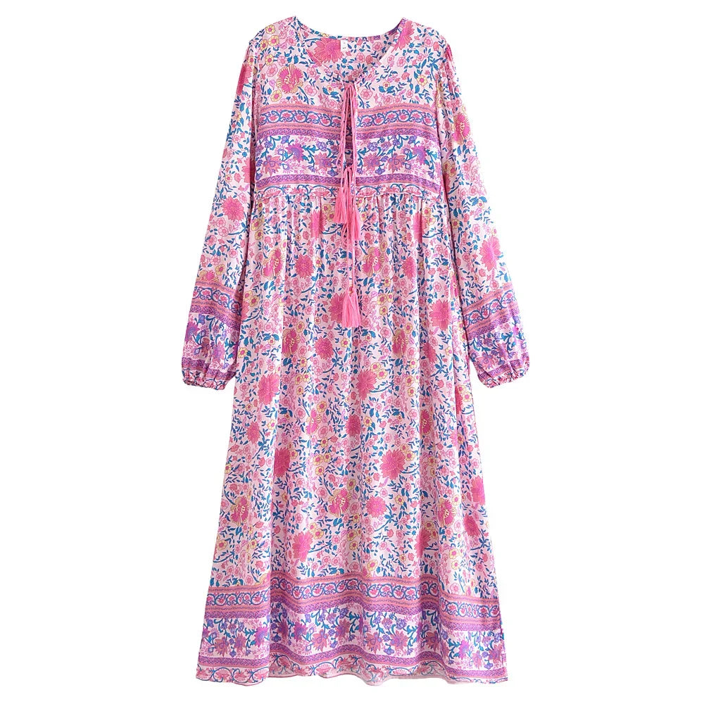 Pink Floral Print ,Beach Bohemian Maxi Dresses ,Boho Dress