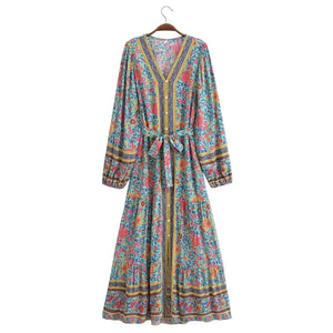 Floral Print ,Breasted Bohemian Maxi Dress, Boho Dress Robe