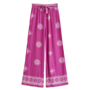 Purple Floral , Wide Leg Pants with Pockets ,Vacation Boho Pant