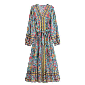 Floral Print ,Breasted Bohemian Maxi Dress, Boho Dress Robe
