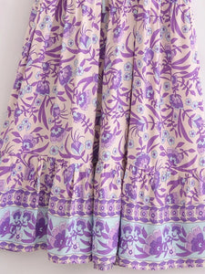 Purple Floral Print ,Button V-neck ,Boho Dress