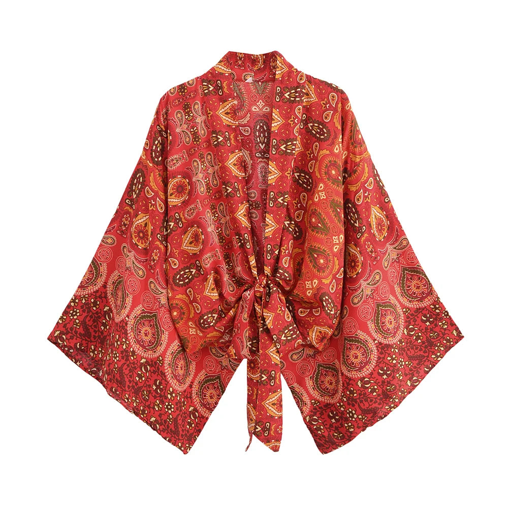 Bohemian Kimono, Boho Bikini Cover-ups,Red Floral
