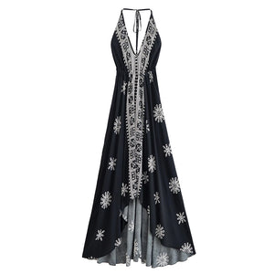 Wild Floral ,Backless Sexy Maxi Dress , High-Low Tassel Strapless Boho Dress