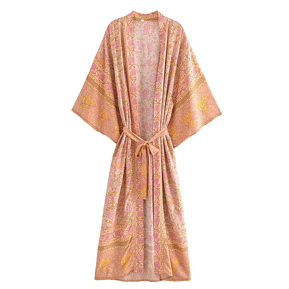 Pink Floral Print,Bohemian Kimono Beach ,Boho Cover-ups