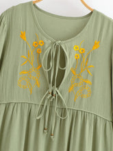 Load image into Gallery viewer, Linen Cotton,Wild Floral Embroidery , Lace-up Tassel Maxi Boho Dress
