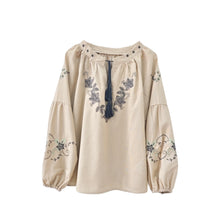 Load image into Gallery viewer, Wild Floral Embroidery ,Linen Cotton Shirts, Lace-up Tassel Boho Blusas
