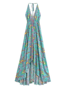 Wild Floral ,Backless Sexy Maxi Dress , High-Low Tassel Strapless Boho Dress