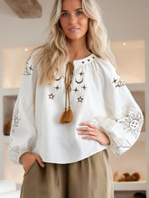 Load image into Gallery viewer, Star Embroidered, Linen Cotton Blouse ,Lace-up Tassel Boho Shirt
