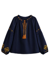 Load image into Gallery viewer, Lantern Sleeve , Floral Embroidered Linen Cotton Blouse,Loose Boho Shirt
