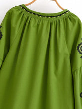 Load image into Gallery viewer, Vintage Floral Embroidered Cotton Linen Blouse - Boho Tassel Tie Neck Puff Sleeve Top
