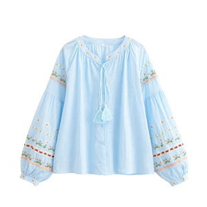 Floral Embroidery, Linen Cotton  Shirts ,Boho Blusas