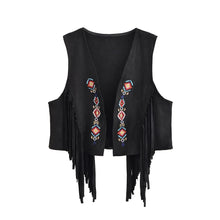 Load image into Gallery viewer, Women’s Faux Suede Fringe Vest - Bohemian Floral Embroidery Cowgirl Jacket with Rivets
