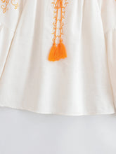 Load image into Gallery viewer, Bird Floral Embroidered ,Linen Cotton Blouse ,Lace-up Tassel Boho Shirt
