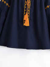 Load image into Gallery viewer, Geometry Embroidered ,Linen Cotton ,Lace-up Tassel Boho Shirt
