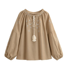 Load image into Gallery viewer, Star Embroidered, Linen Cotton Blouse ,Lace-up Tassel Boho Shirt
