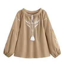 Load image into Gallery viewer, Wheat Embroidered, Linen Cotton Blouse,Lace-up Tassel Loose Boho Shirt
