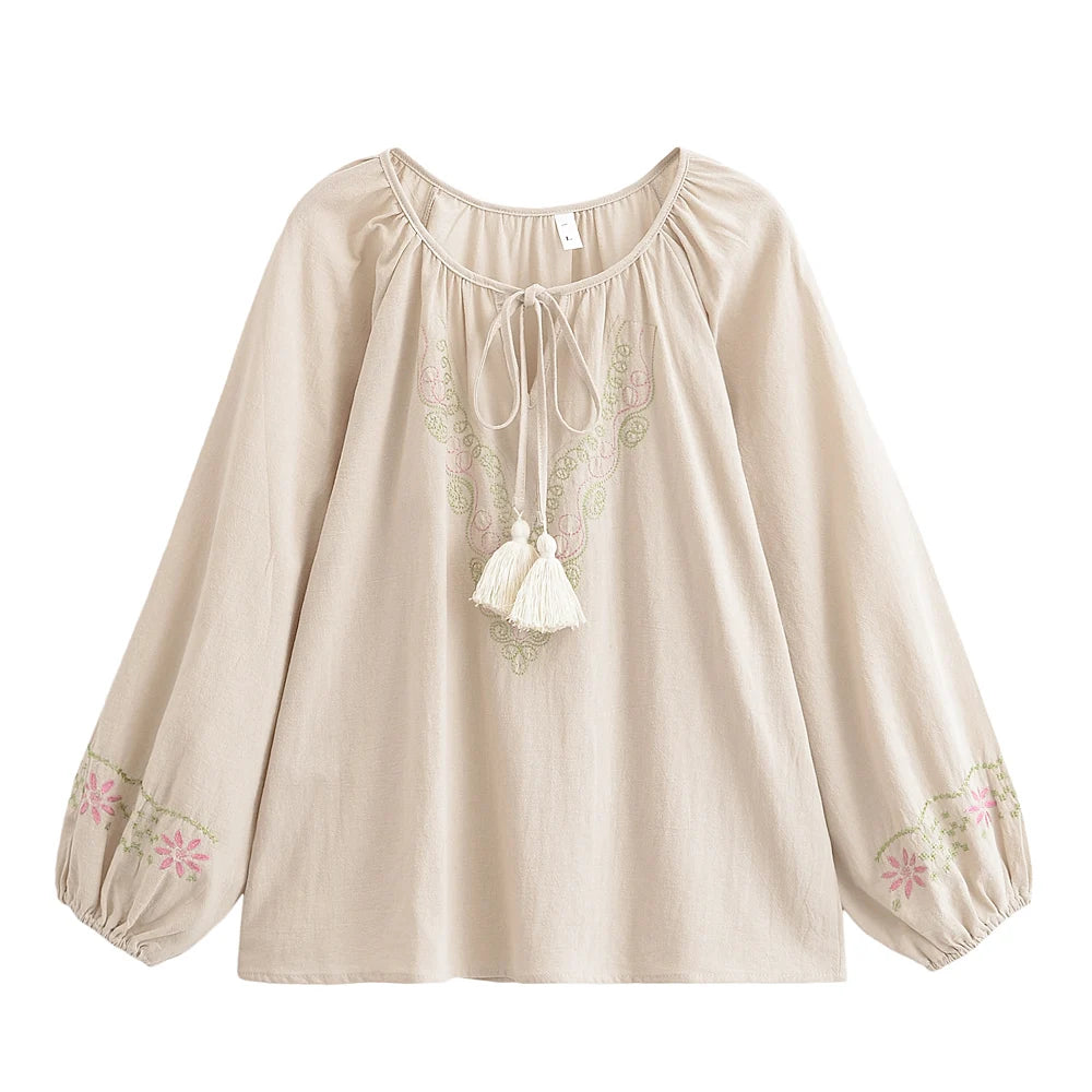 Golden Floral Embroidery ,Linen Cotton Blouse,Loose Boho Shirts