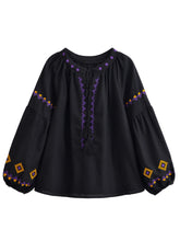 Load image into Gallery viewer, Geometry Embroidered ,Linen Cotton ,Lace-up Tassel Boho Shirt
