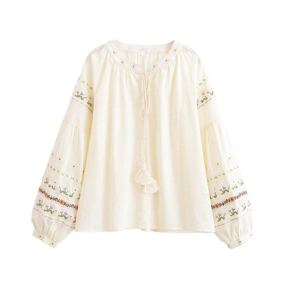 Floral Embroidery, Linen Cotton  Shirts ,Boho Blusas