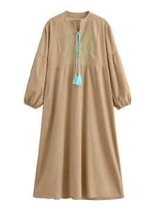 Retro Linen Cotton,Wheat Emberoidery, Lantern Sleeve Boho Maxi Dress
